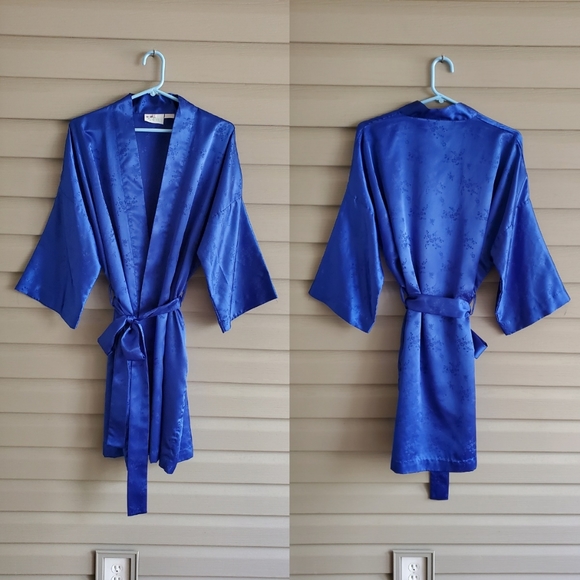 Vintage 80's M/L shiny colbalt blue floral kimono silky lingerie robe - Picture 3 of 4